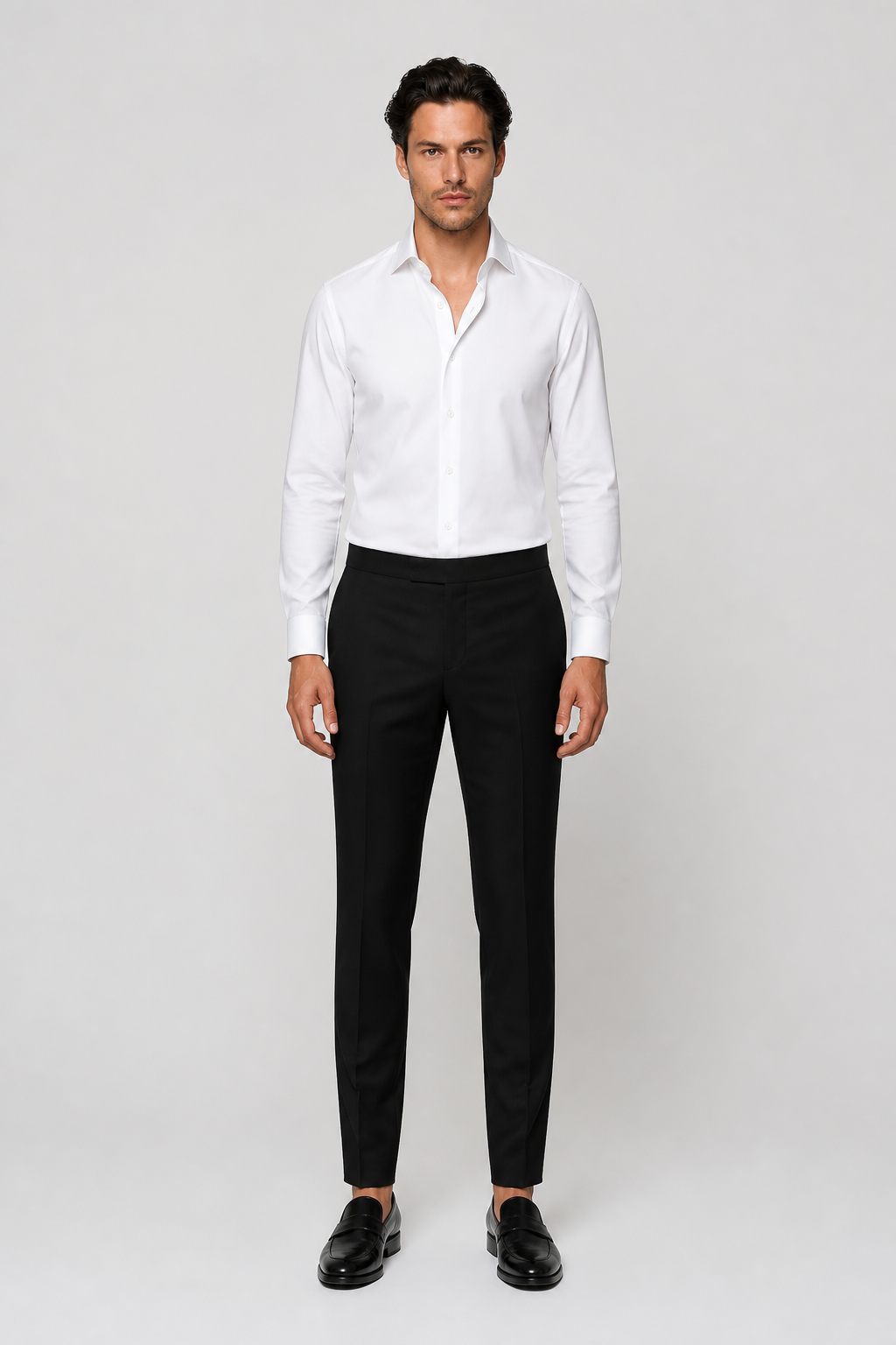 Model wearing white shirt