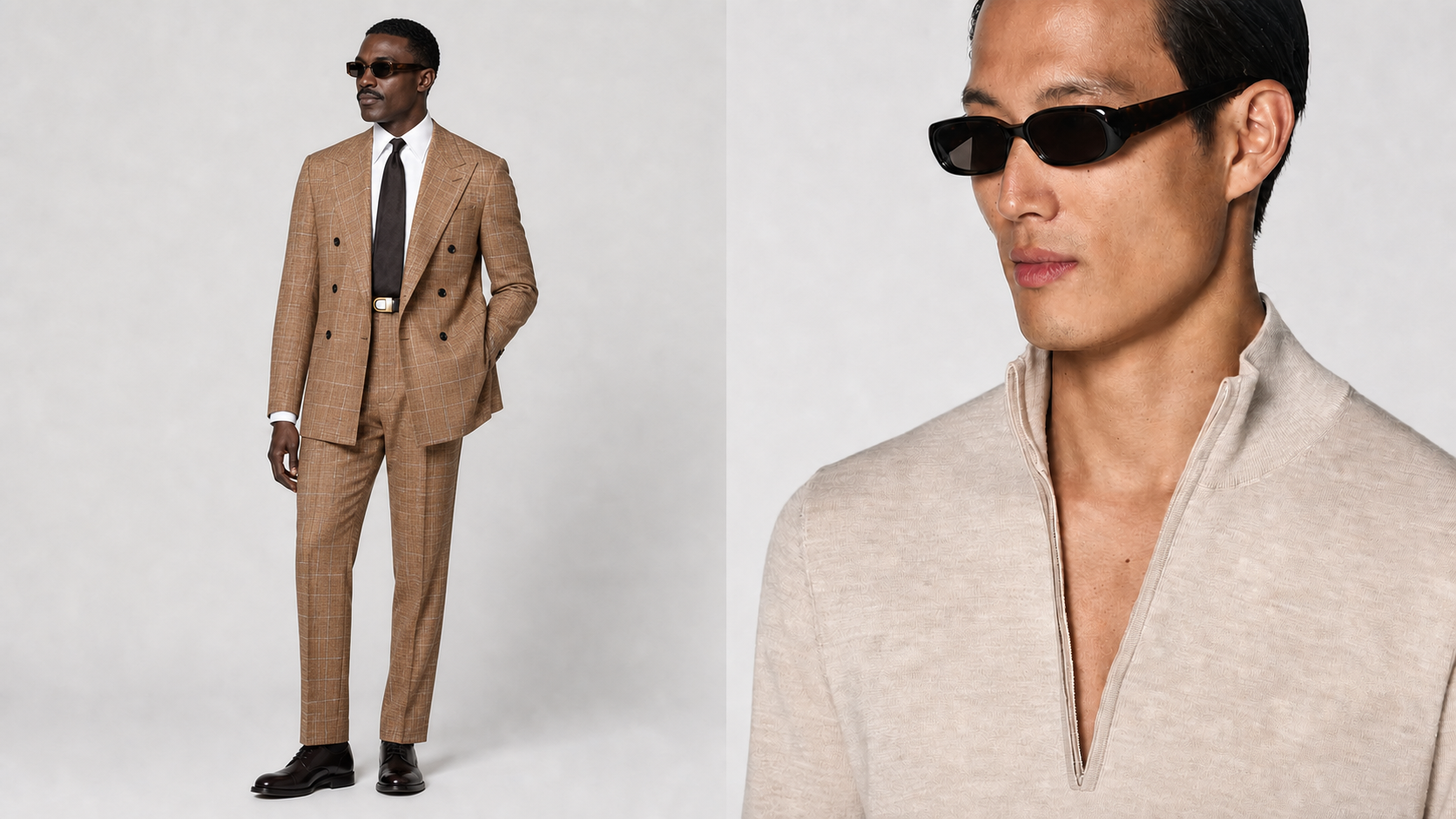Brown checked tailoring and cream luxury knitwear