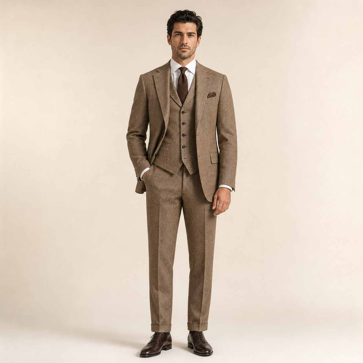 Torino Tobacco Herringbone Suit in Tobacco